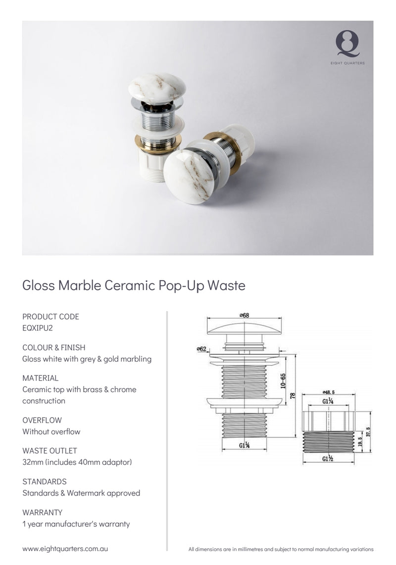 32mm marble 'like' ceramic pop up waste